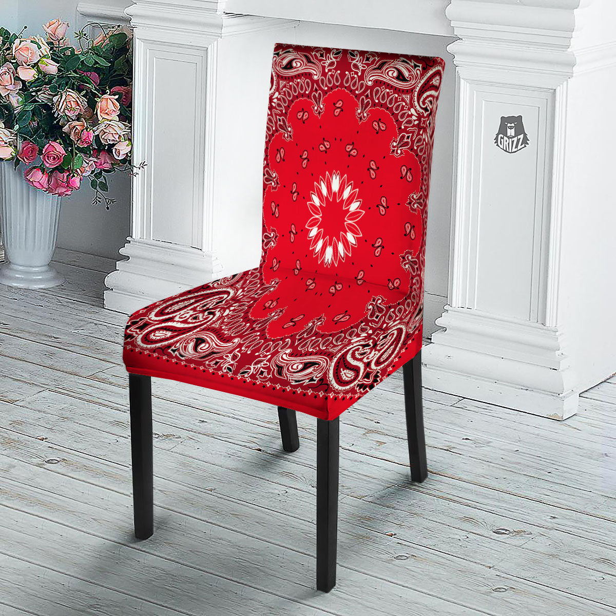 Paisley Bandana White And Red Print Dining Chair Slipcover-grizzshop