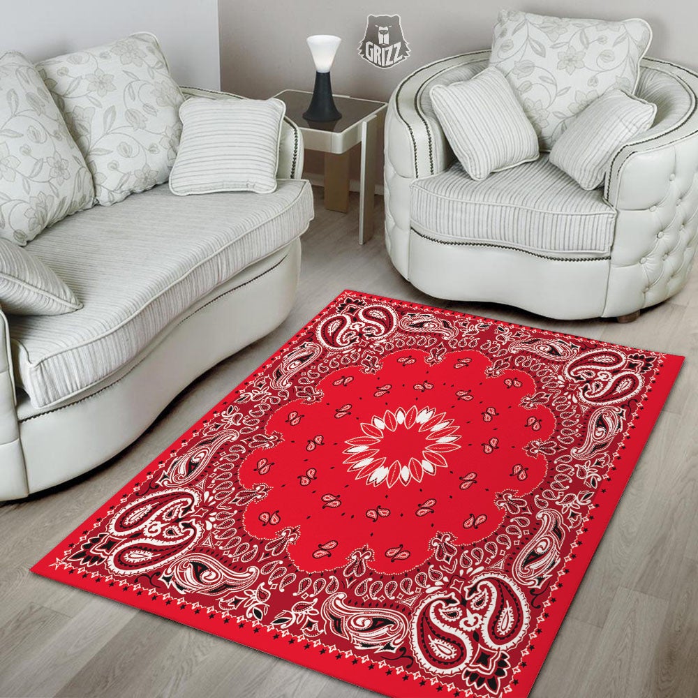 Paisley Bandana White And Red Print Floor Mat-grizzshop