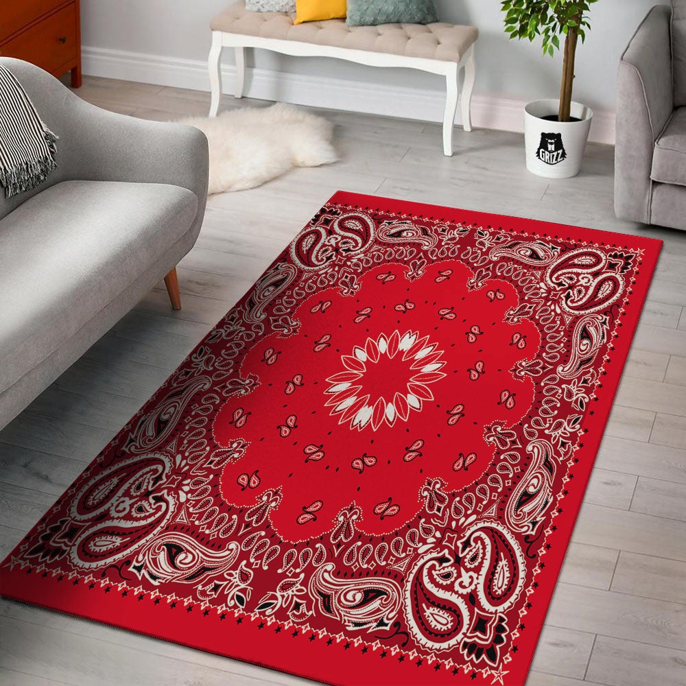 Paisley Bandana White And Red Print Floor Mat-grizzshop