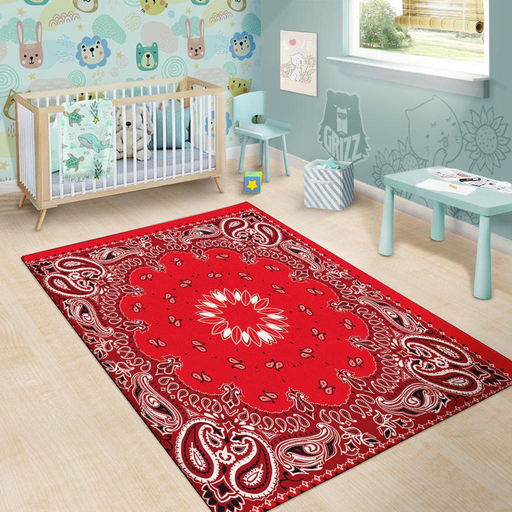 Paisley Bandana White And Red Print Floor Mat-grizzshop