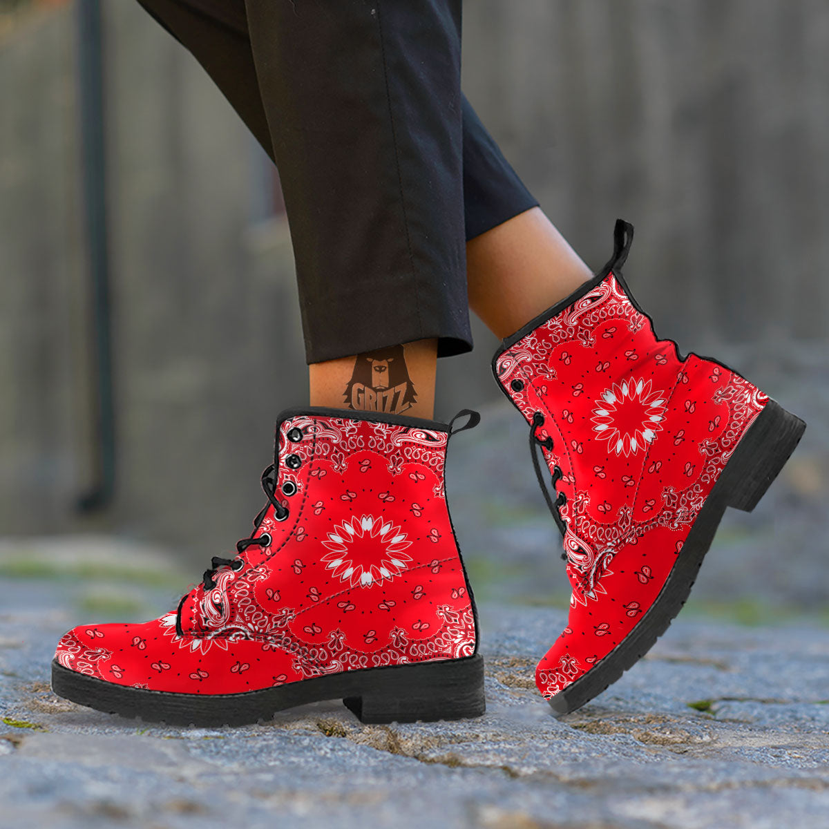 Paisley Bandana White And Red Print Leather Boots-grizzshop