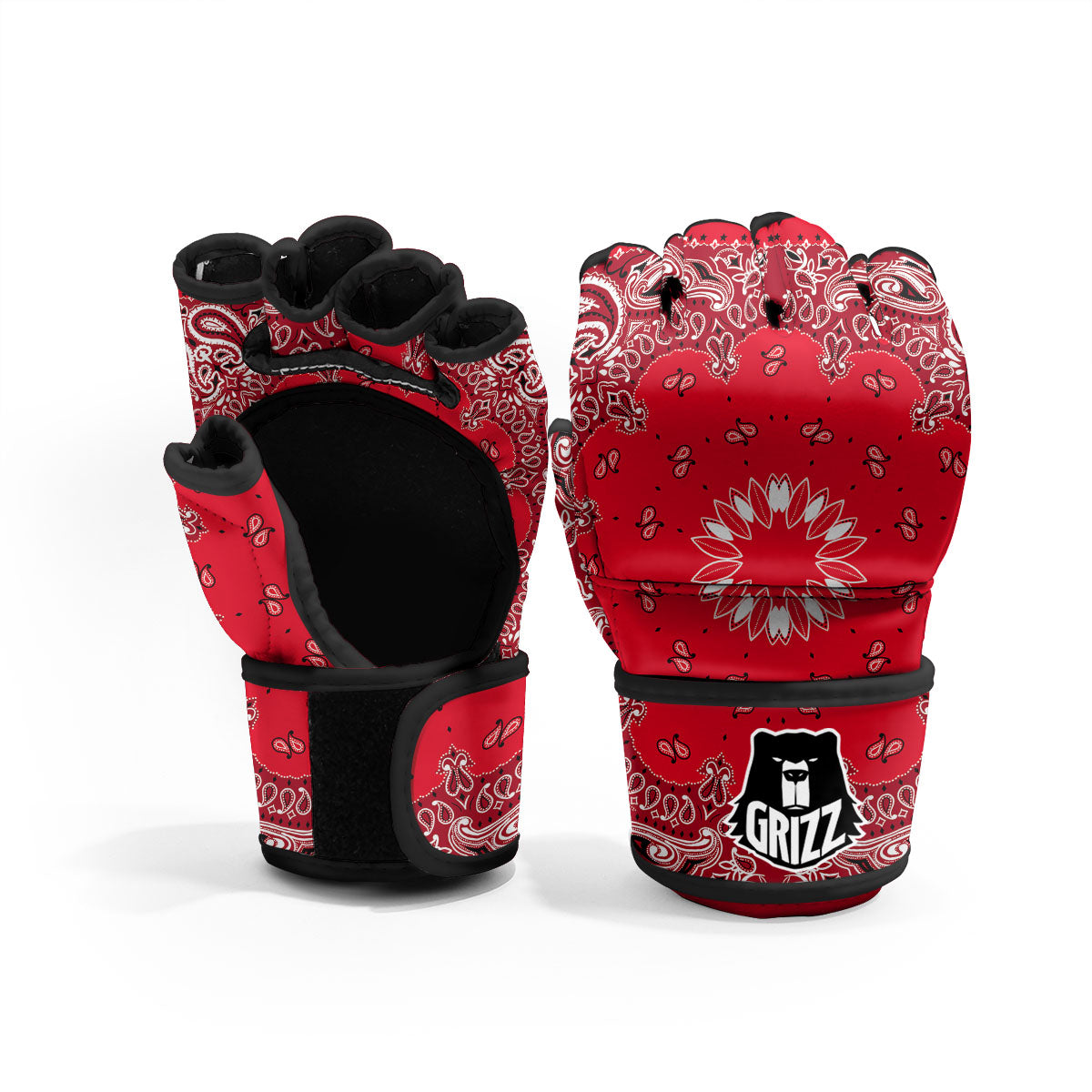 Paisley Bandana White And Red Print MMA Gloves-grizzshop