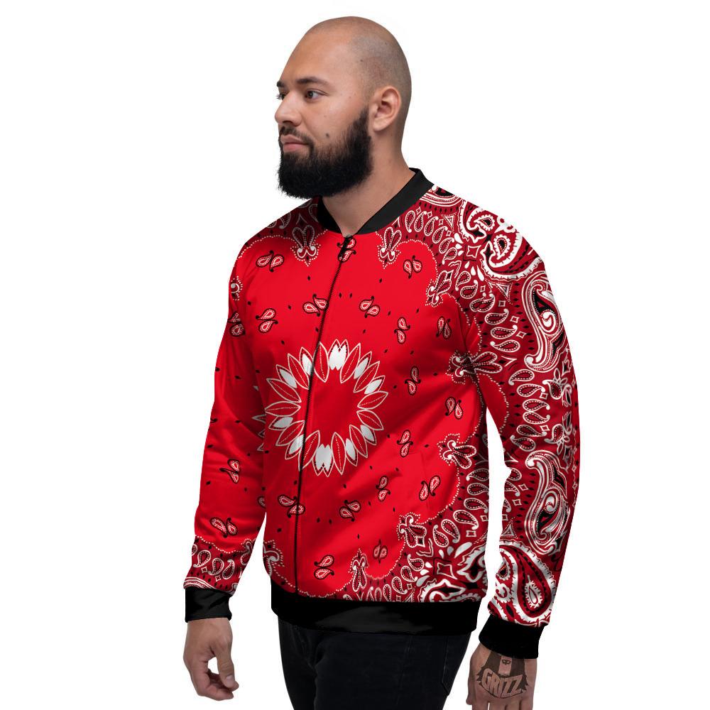 Paisley Bandana White And Red Print Men's Bomber Jacket-grizzshop