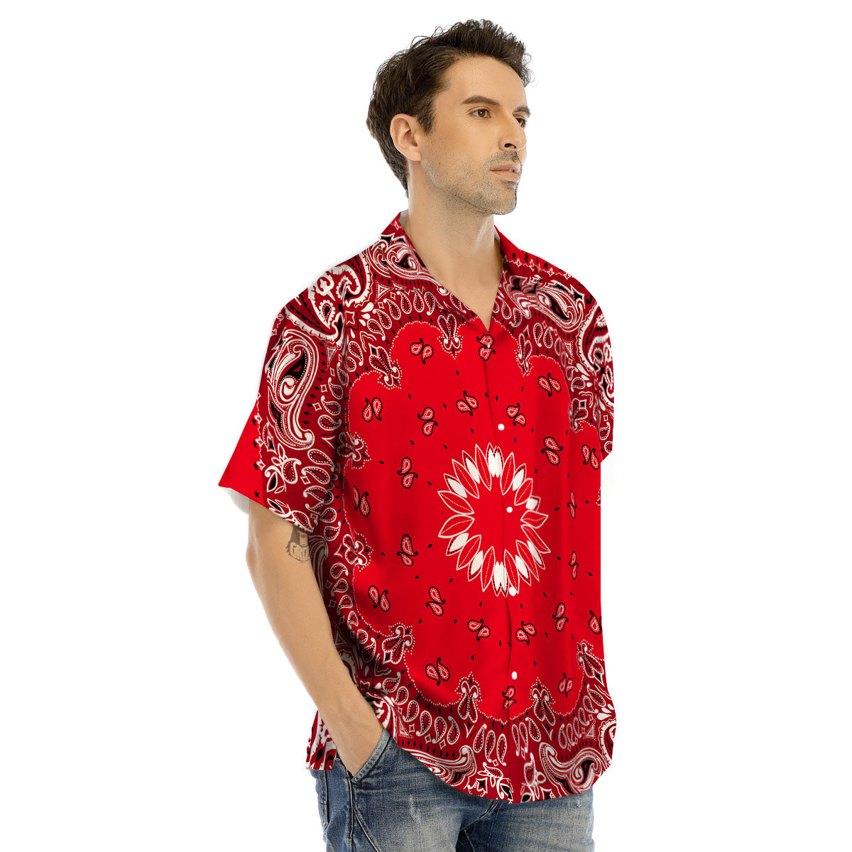 Paisley Bandana White And Red Print Men's Hawaiian Shirt-grizzshop