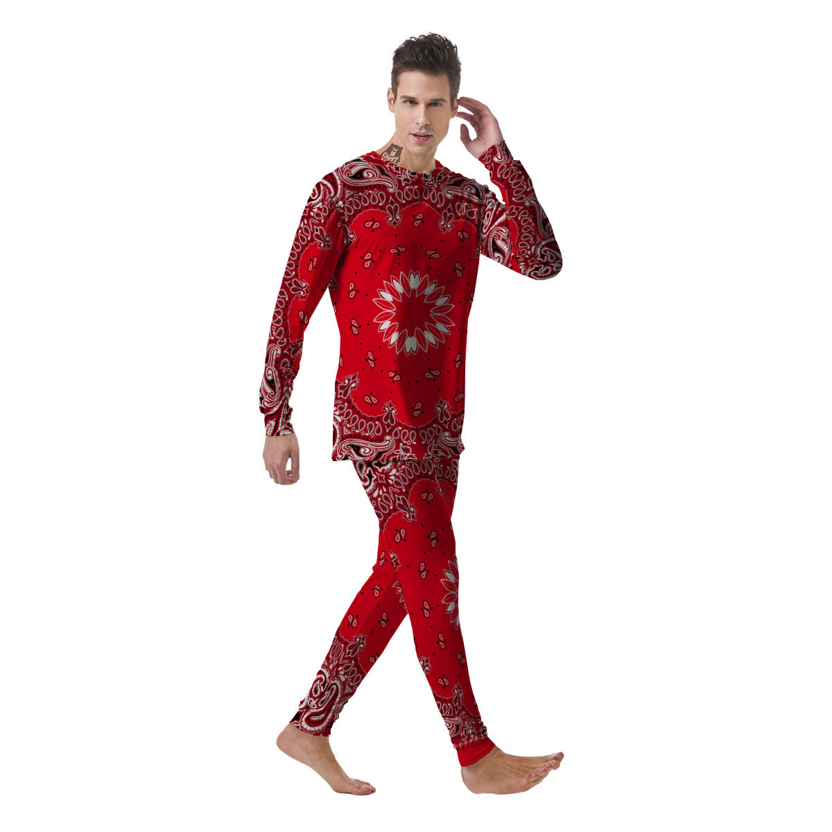 Paisley Bandana White And Red Print Men's Pajamas-grizzshop