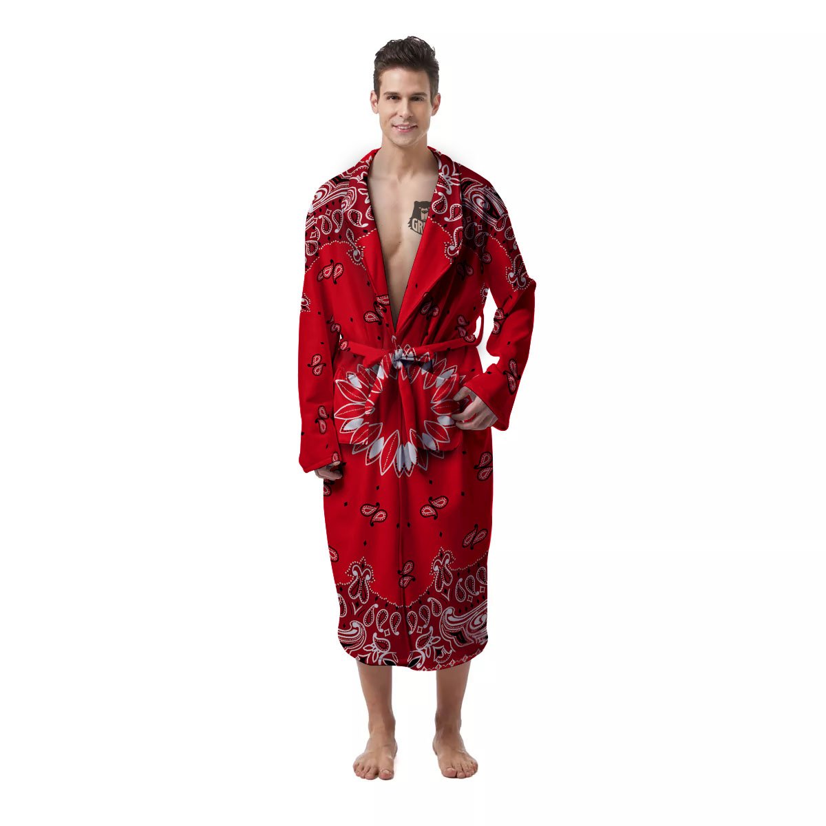 Paisley Bandana White And Red Print Men's Robe-grizzshop