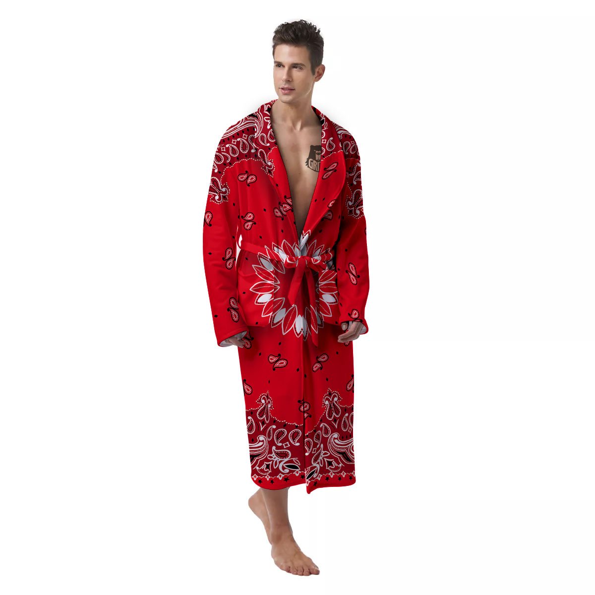 Paisley Bandana White And Red Print Men's Robe-grizzshop