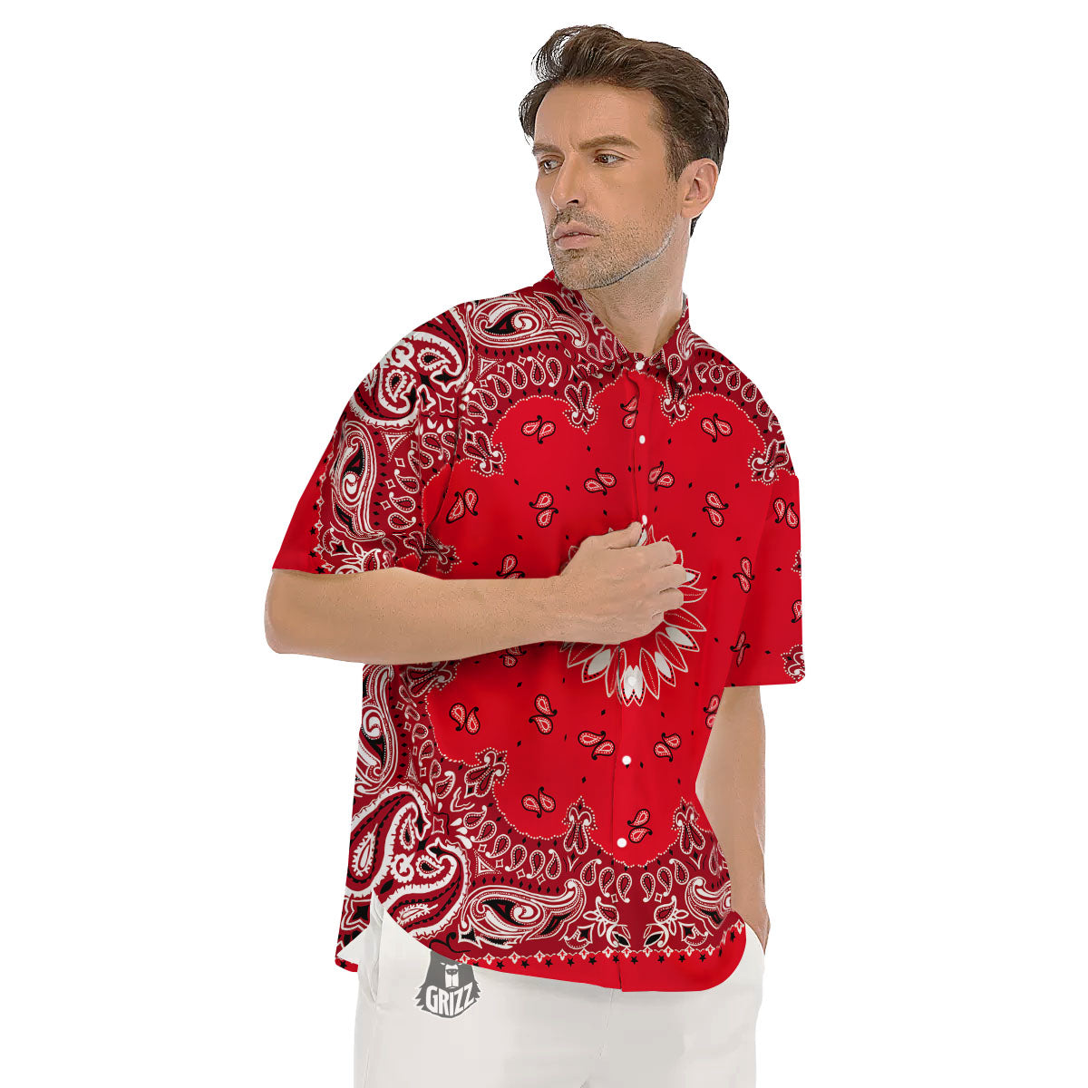 Paisley Bandana White And Red Print Men's Short Sleeve Shirts-grizzshop