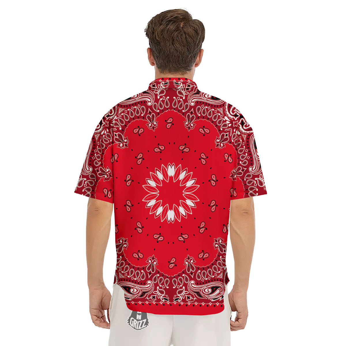 Paisley Bandana White And Red Print Men's Short Sleeve Shirts-grizzshop