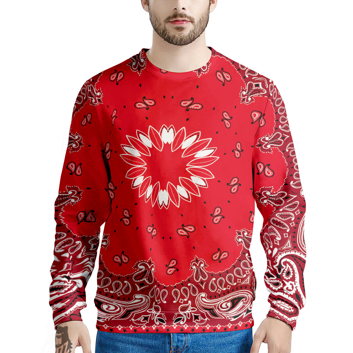 Paisley Bandana White And Red Print Men's Sweatshirt-grizzshop