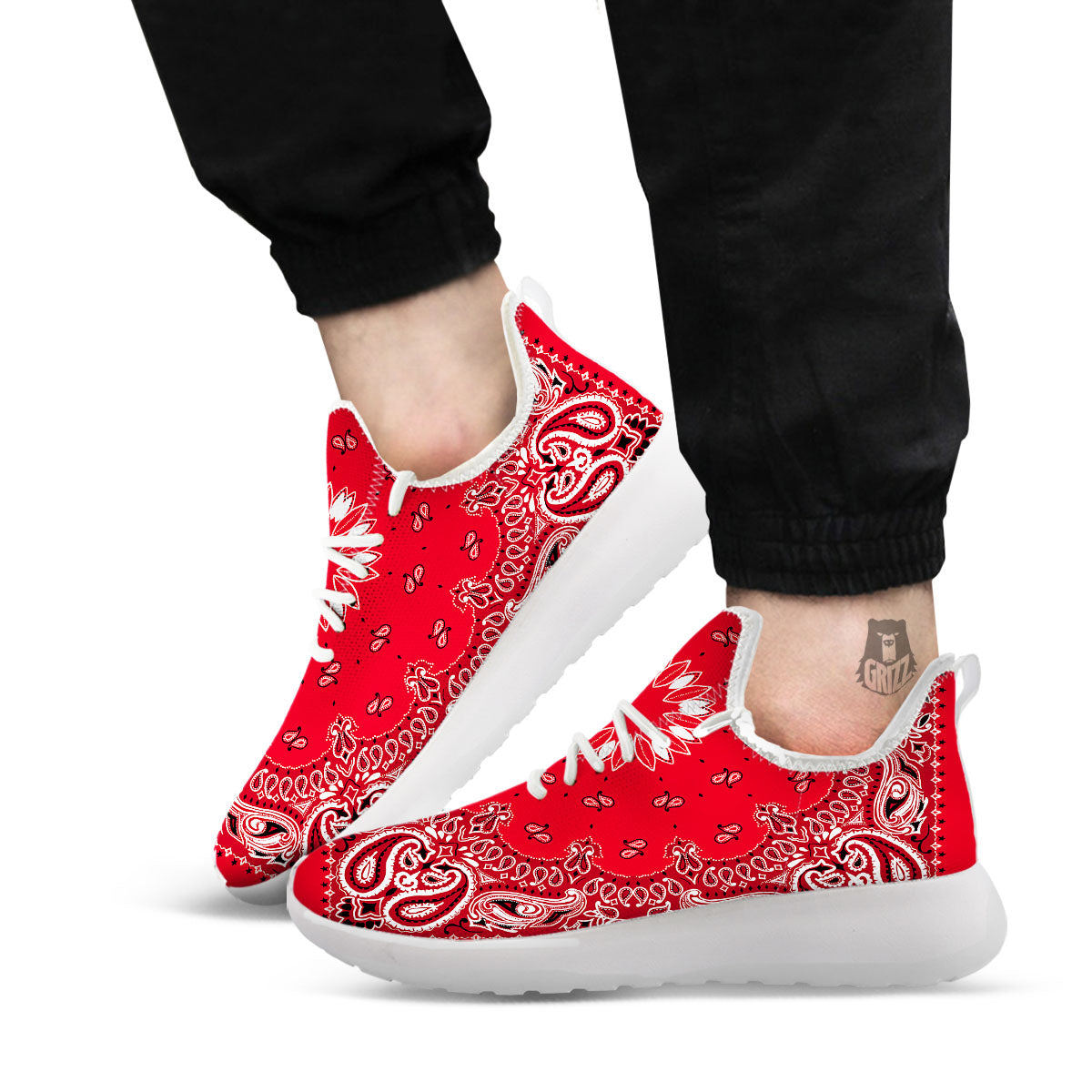 Paisley Bandana White And Red Print White Athletic Shoes-grizzshop