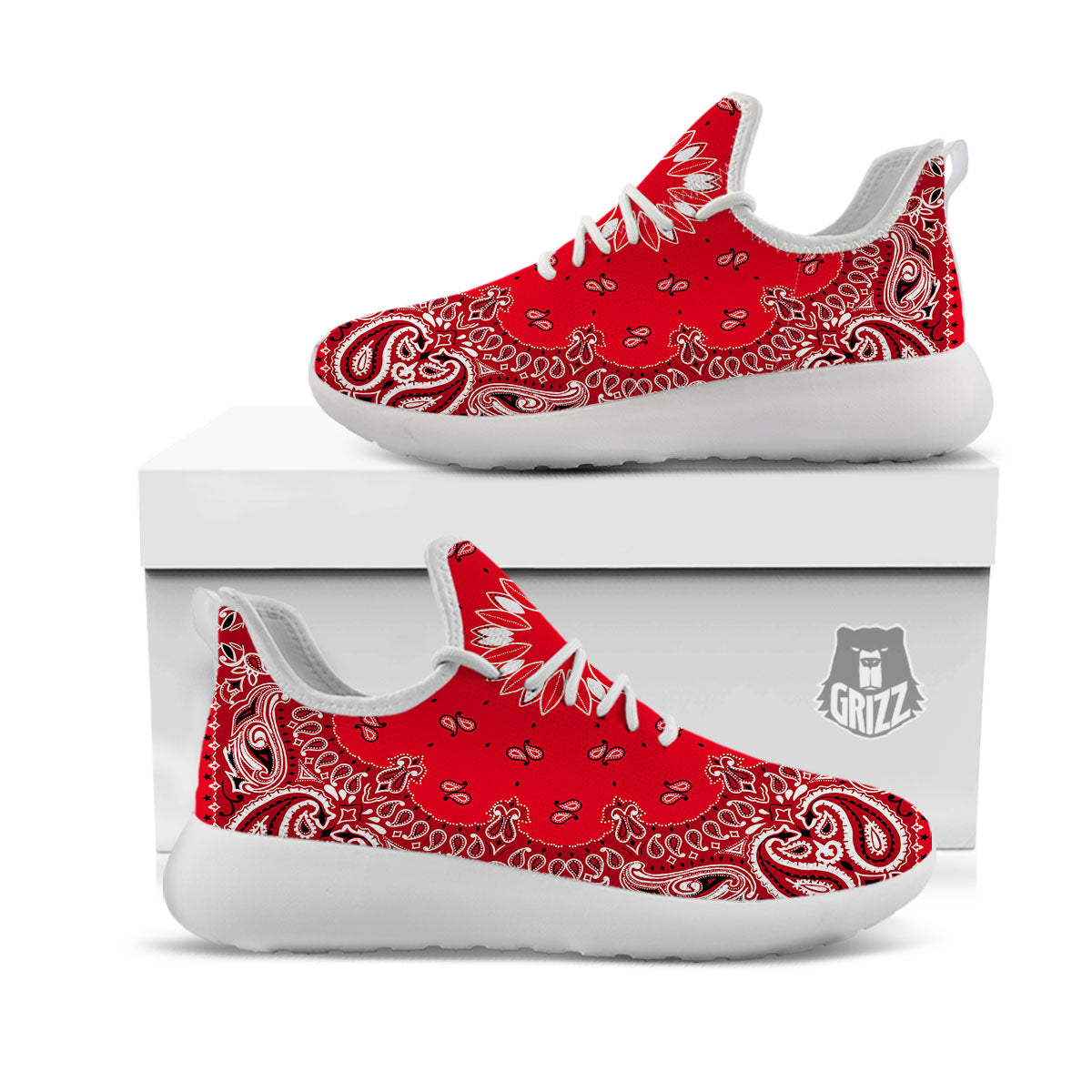 Paisley Bandana White And Red Print White Athletic Shoes-grizzshop