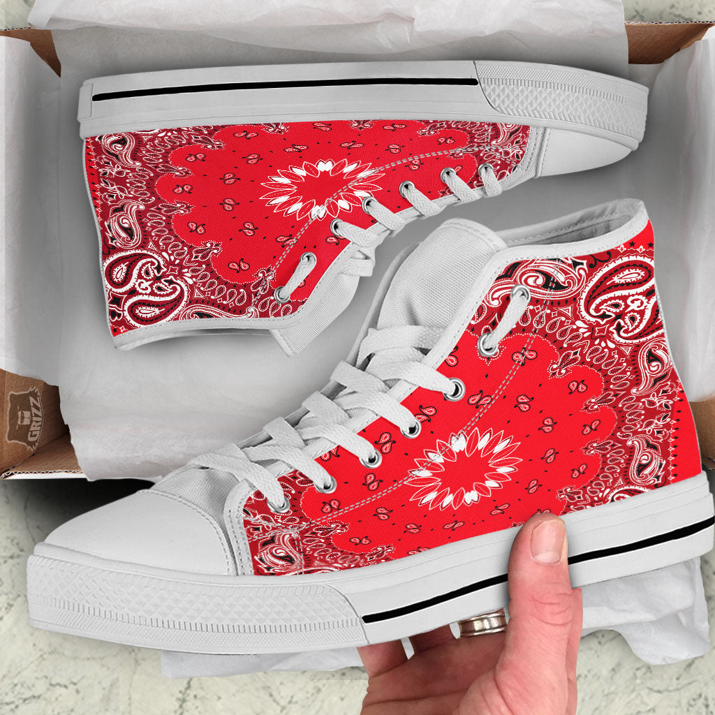 Paisley Bandana White And Red Print White High Top Shoes-grizzshop