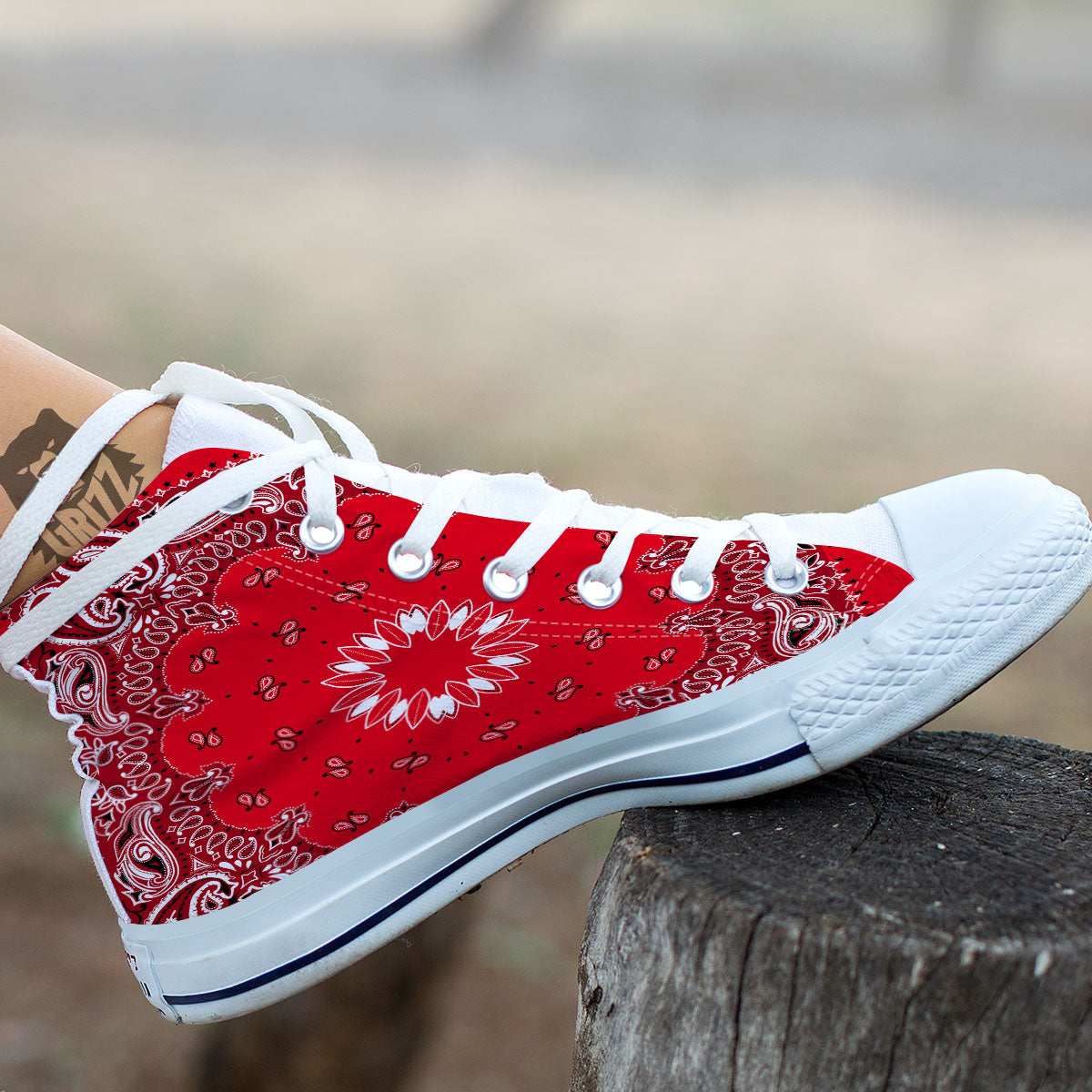 Paisley Bandana White And Red Print White High Top Shoes-grizzshop