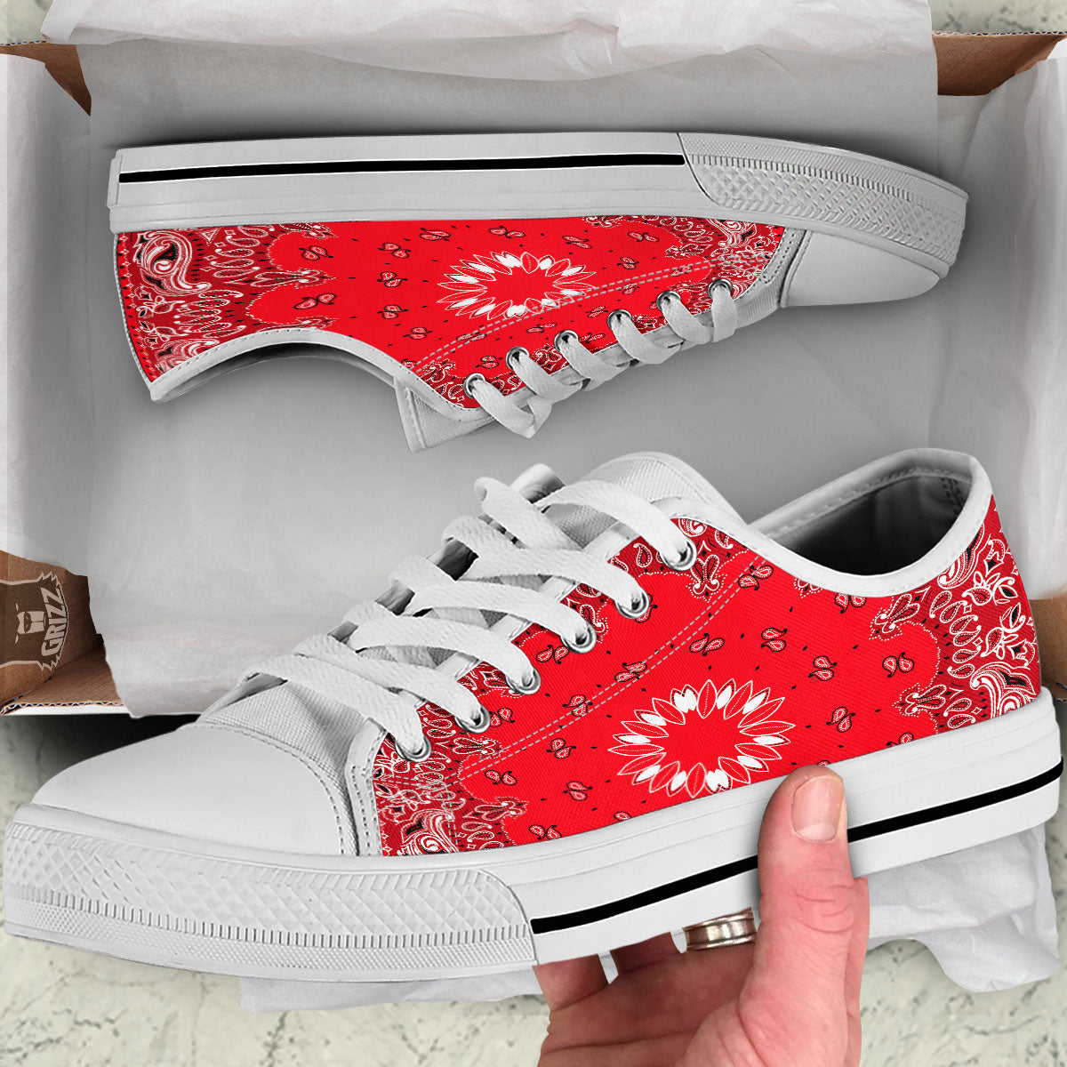 Paisley Bandana White And Red Print White Low Top Shoes-grizzshop