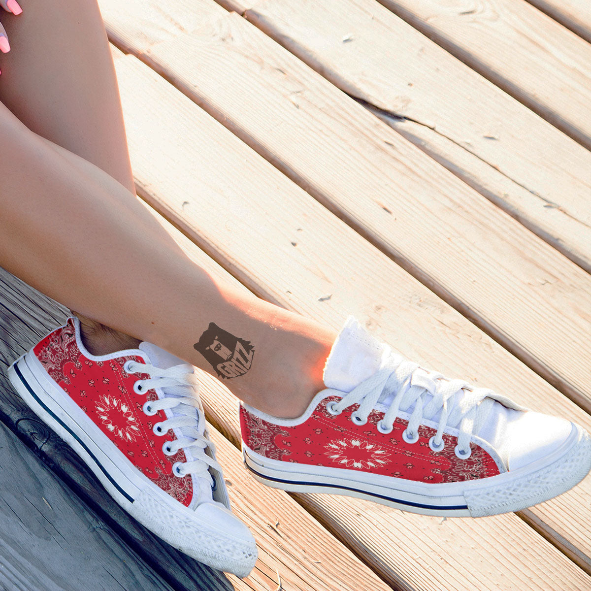 Paisley Bandana White And Red Print White Low Top Shoes-grizzshop