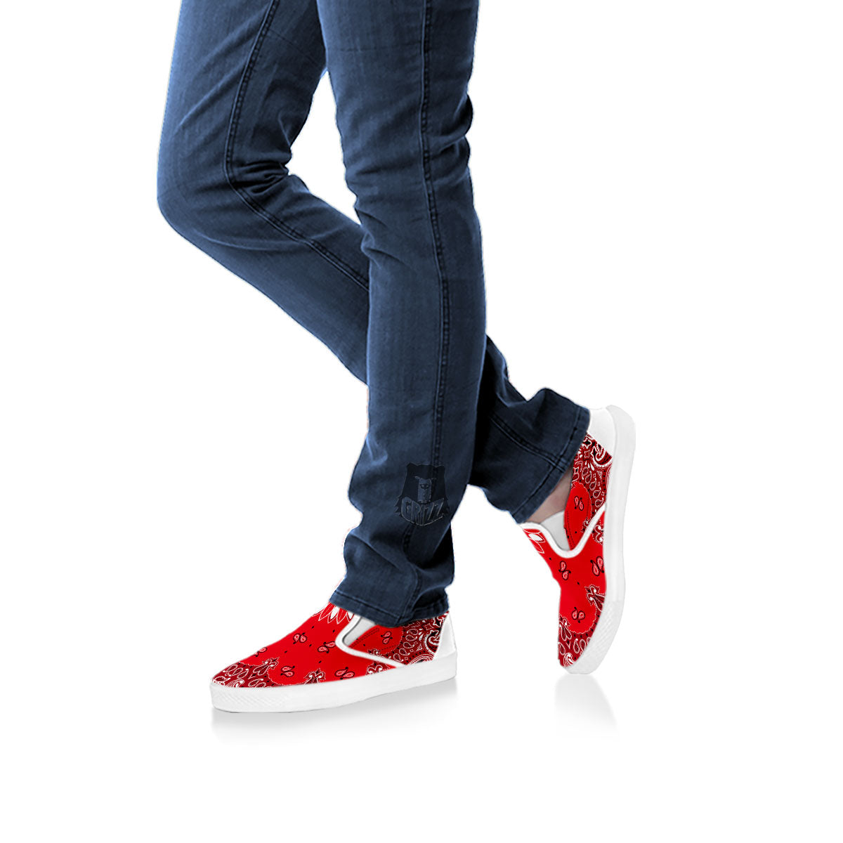 Paisley Bandana White And Red Print White Slip On Shoes-grizzshop
