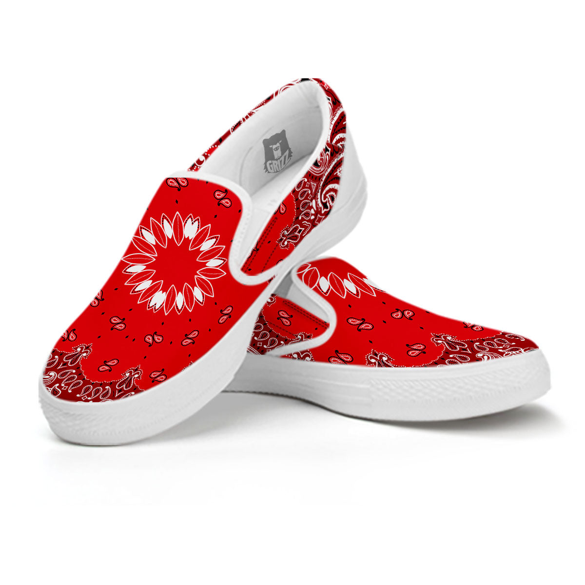 Paisley Bandana White And Red Print White Slip On Shoes-grizzshop