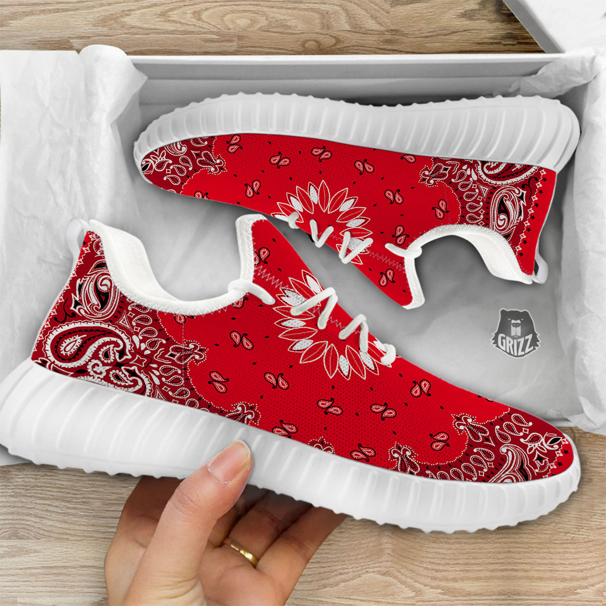 Paisley Bandana White And Red Print White Walking Shoes-grizzshop