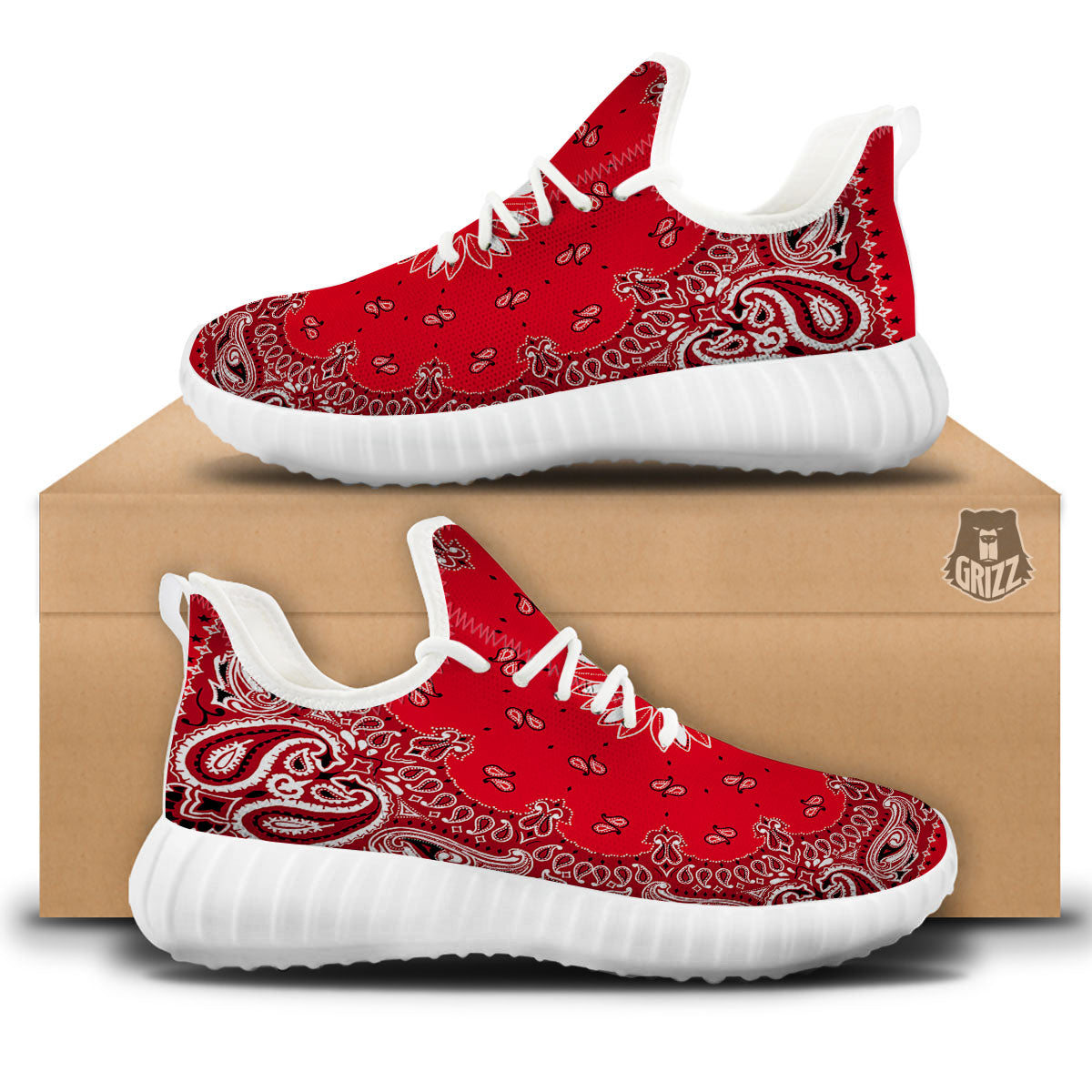 Paisley Bandana White And Red Print White Walking Shoes-grizzshop