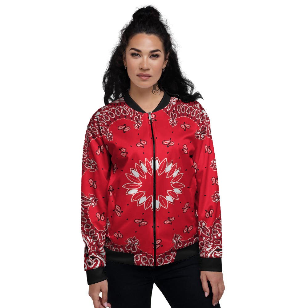 Paisley Bandana White And Red Print Women's Bomber Jacket-grizzshop