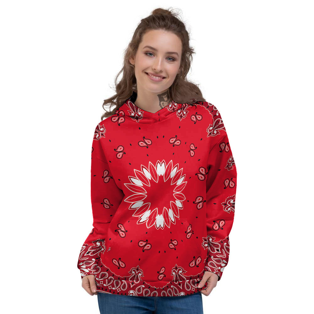 Paisley Bandana White And Red Print Women's Hoodie-grizzshop