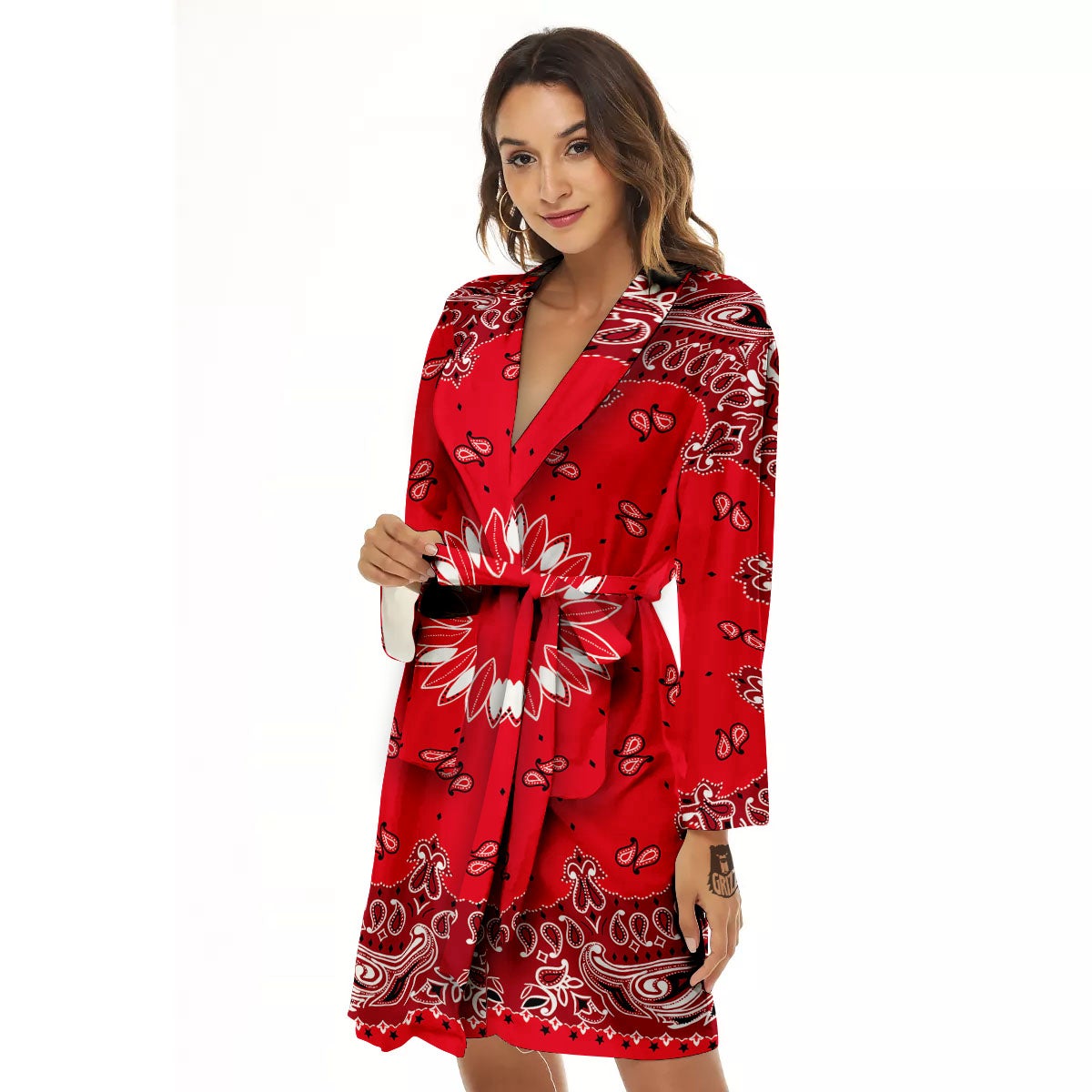 Paisley Bandana White And Red Print Women's Robe-grizzshop