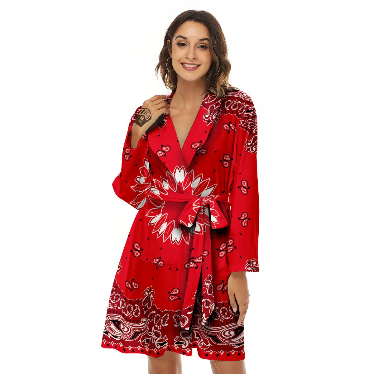 Paisley Bandana White And Red Print Women's Robe-grizzshop