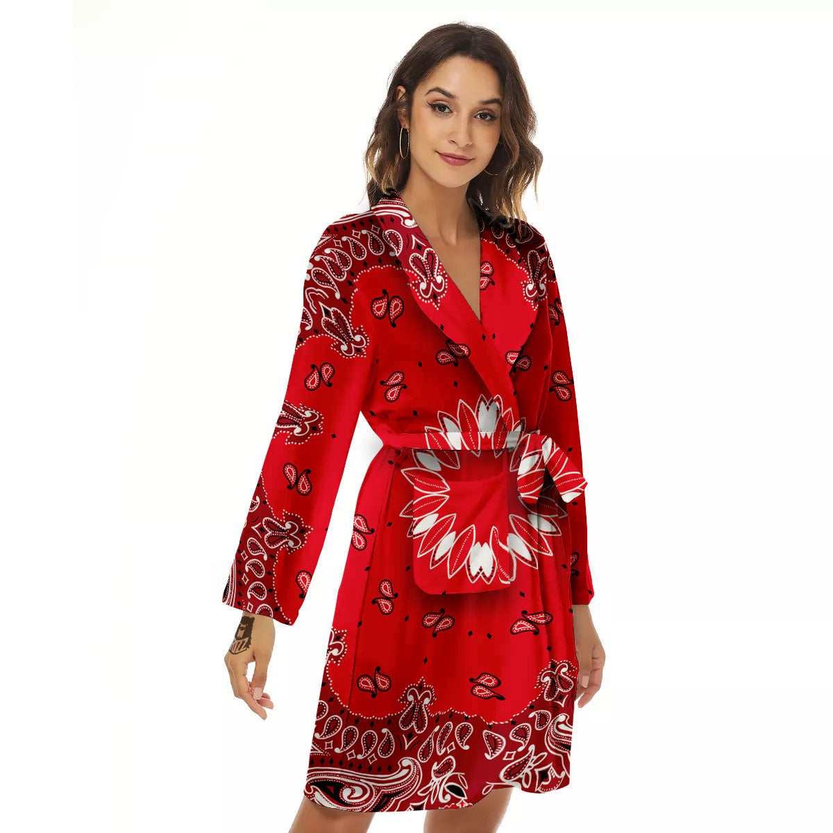 Paisley Bandana White And Red Print Women's Robe-grizzshop