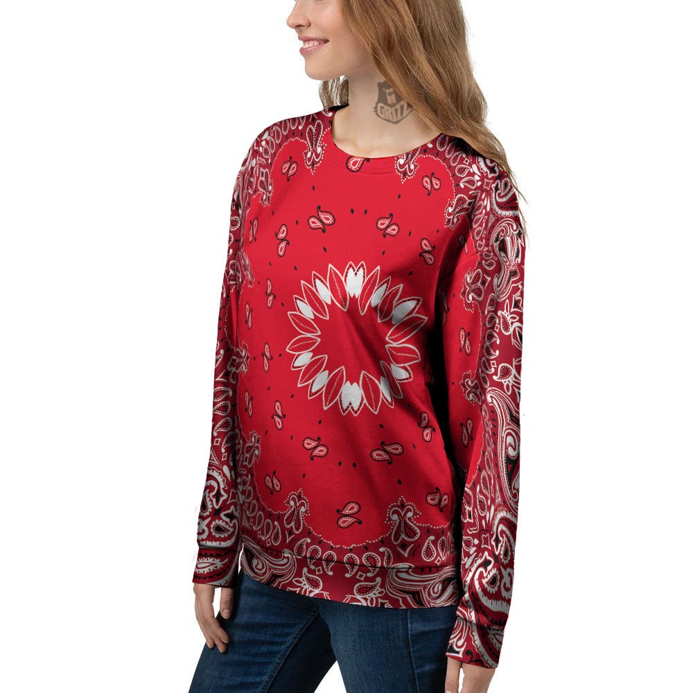 Paisley Bandana White And Red Print Women's Sweatshirt-grizzshop