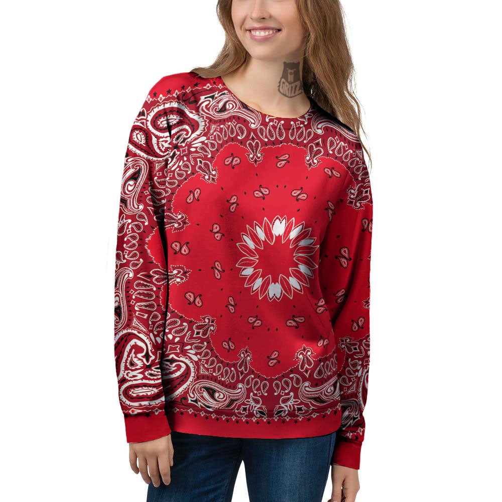 Paisley Bandana White And Red Print Women's Sweatshirt-grizzshop