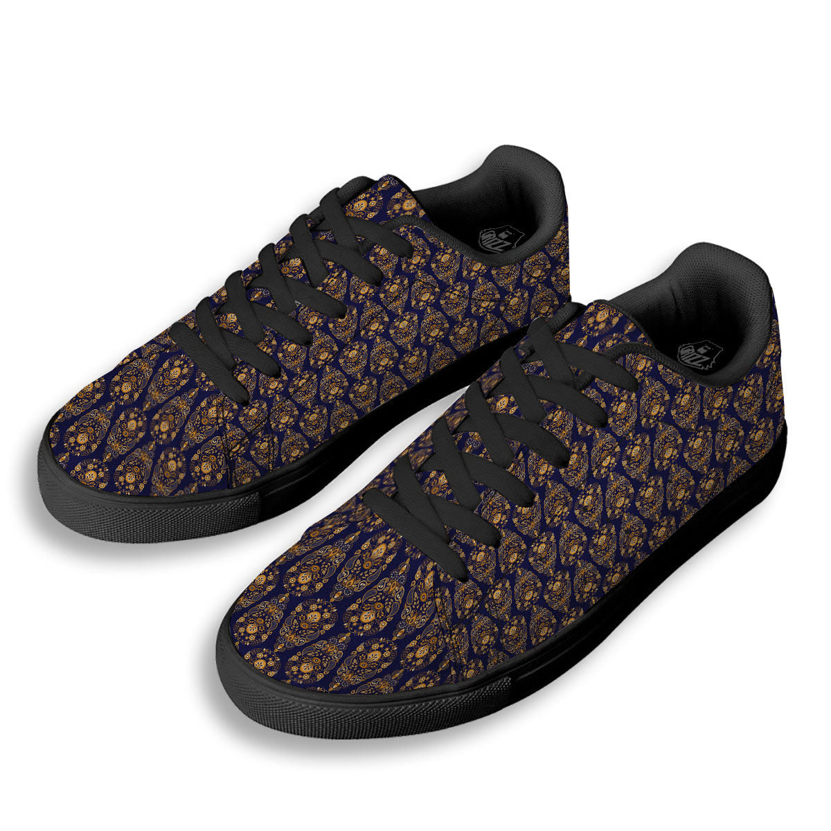 Paisley Blue And Gold Print Pattern Black Low Top Sneakers-grizzshop