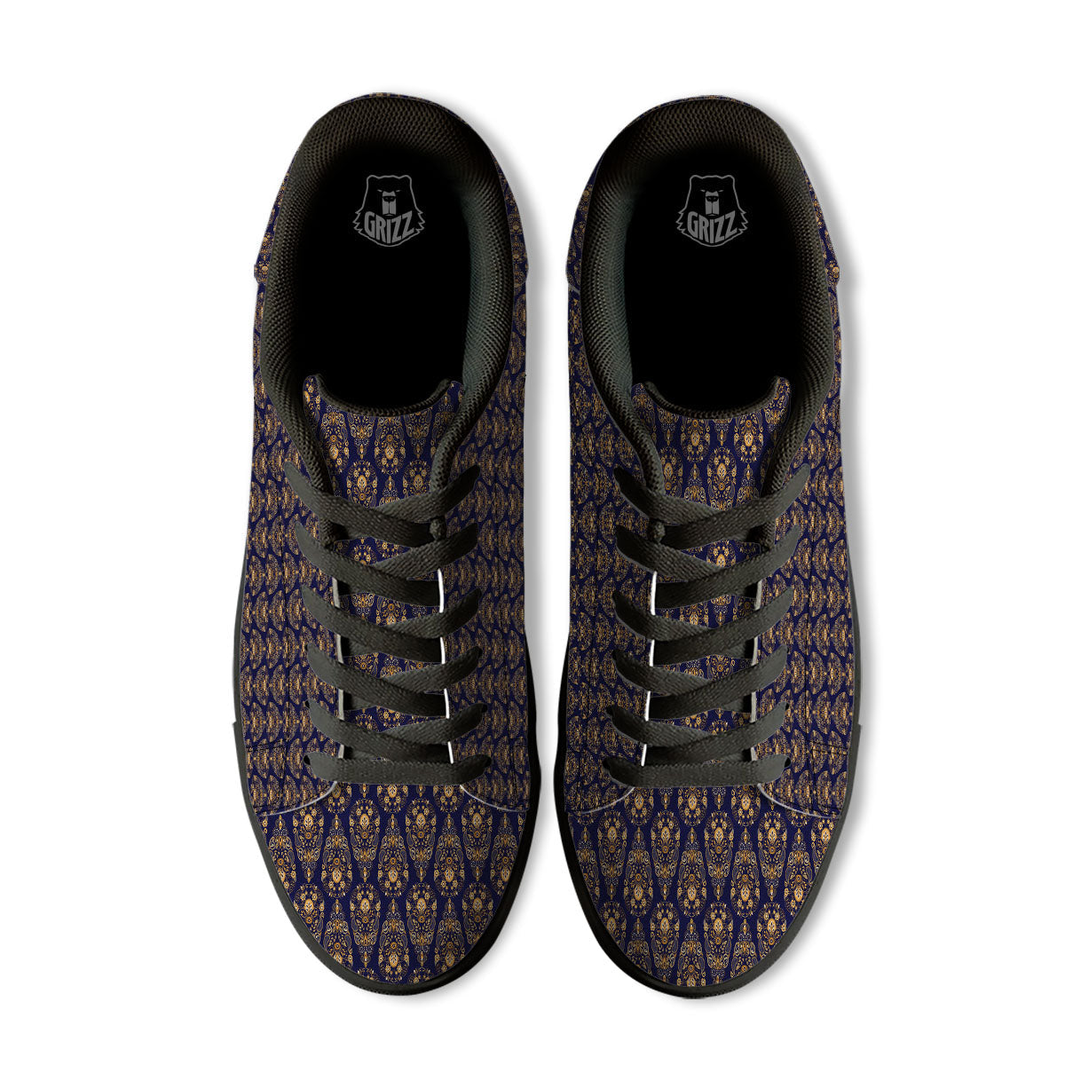 Paisley Blue And Gold Print Pattern Black Low Top Sneakers-grizzshop