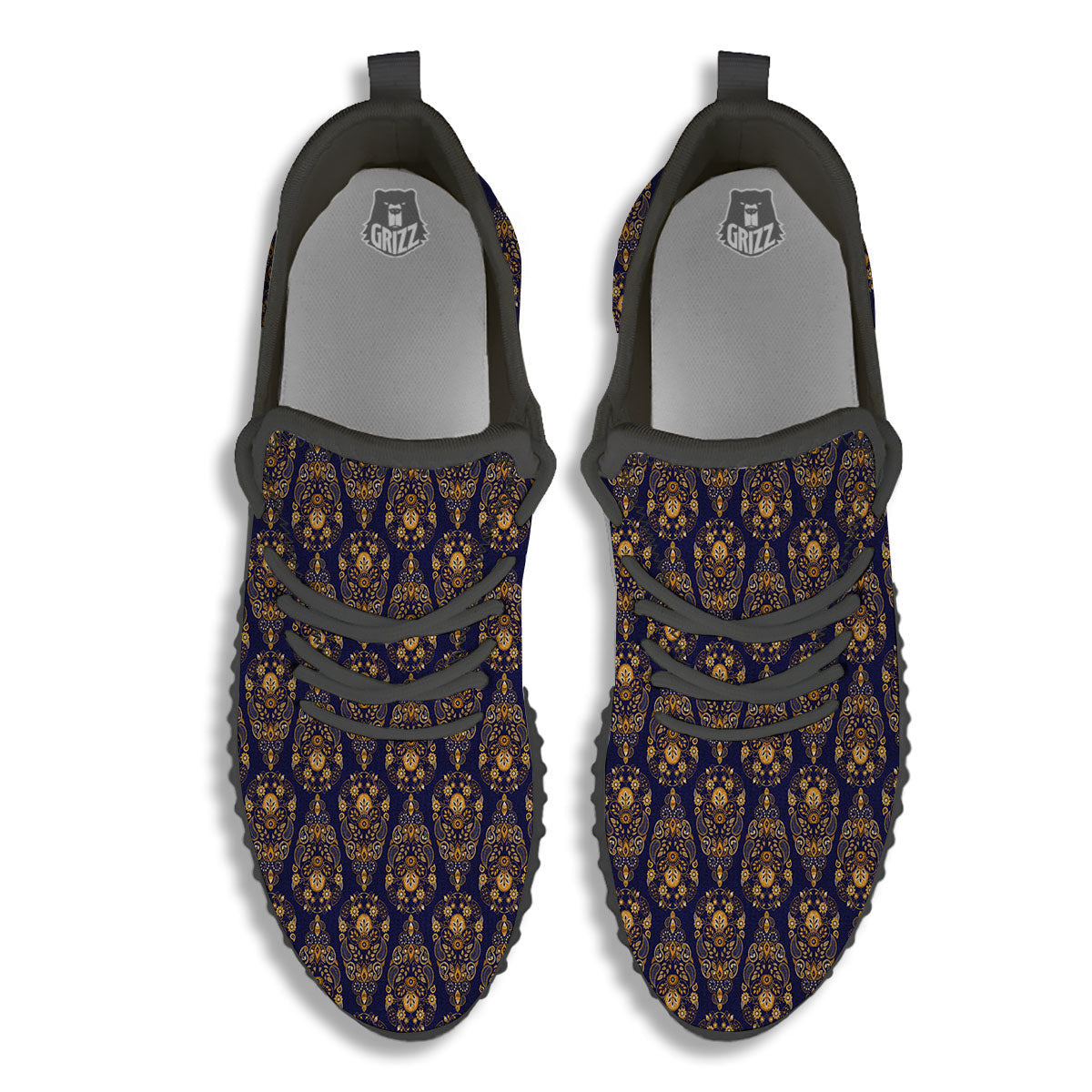 Paisley Blue And Gold Print Pattern Black Walking Shoes-grizzshop