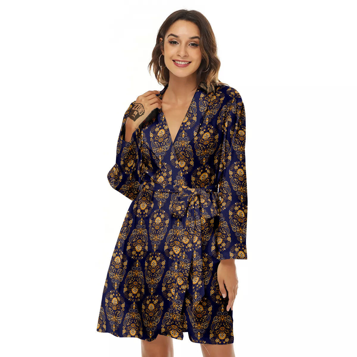 Paisley Blue And Gold Print Pattern Women's Robe-grizzshop