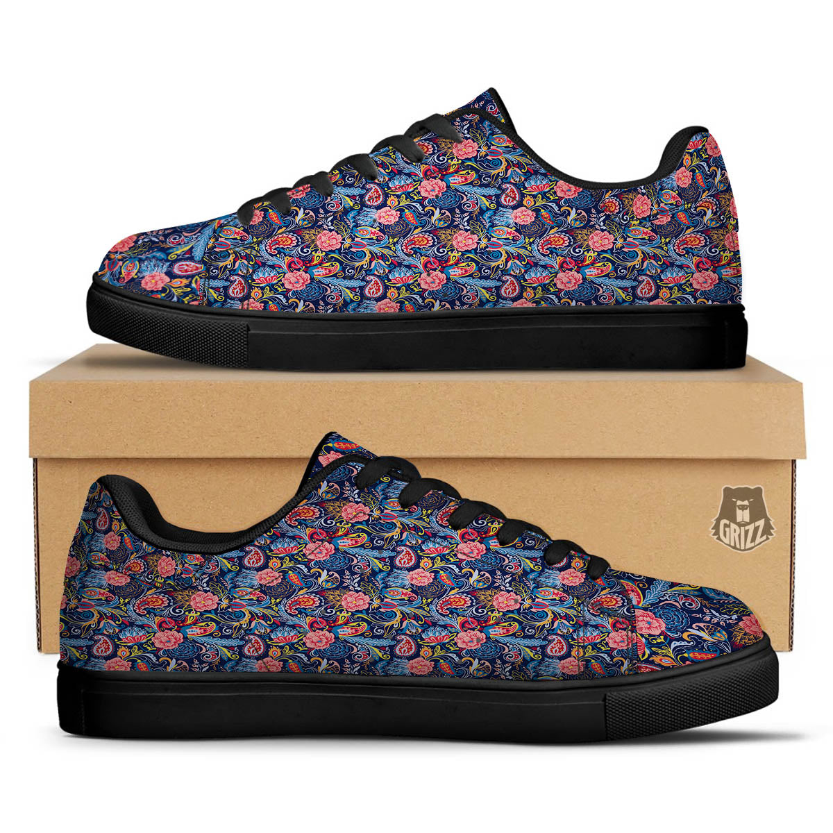 Paisley Blue Print Pattern Black Low Top Sneakers-grizzshop
