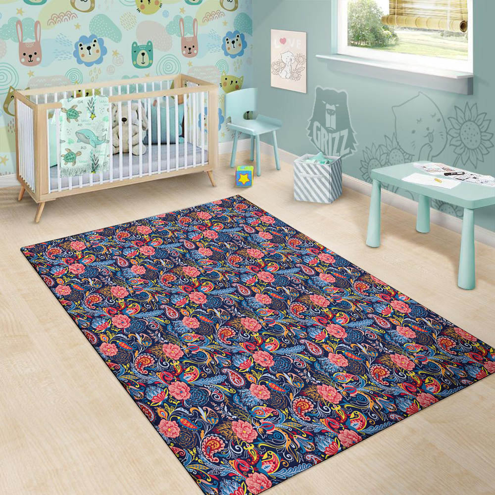 Paisley Blue Print Pattern Floor Mat-grizzshop