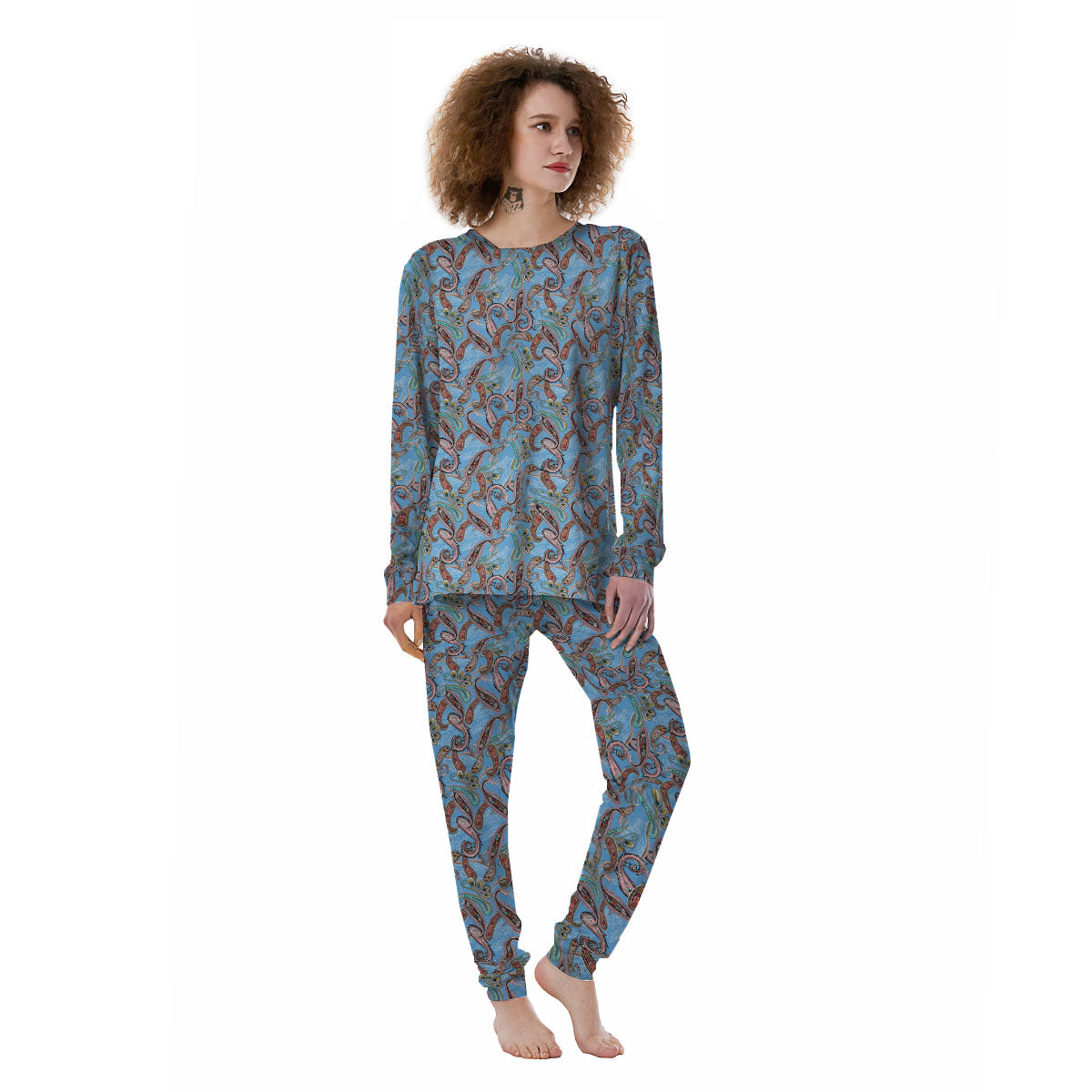 Paisley Bohemian Blue Sky Print Pattern Women's Pajamas-grizzshop