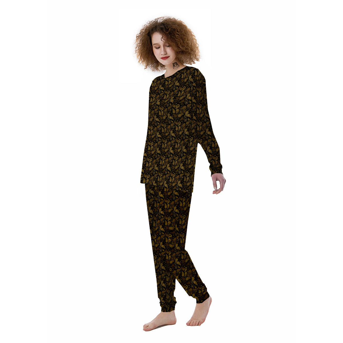 Paisley Dark Brown Print Pattern Women's Pajamas-grizzshop