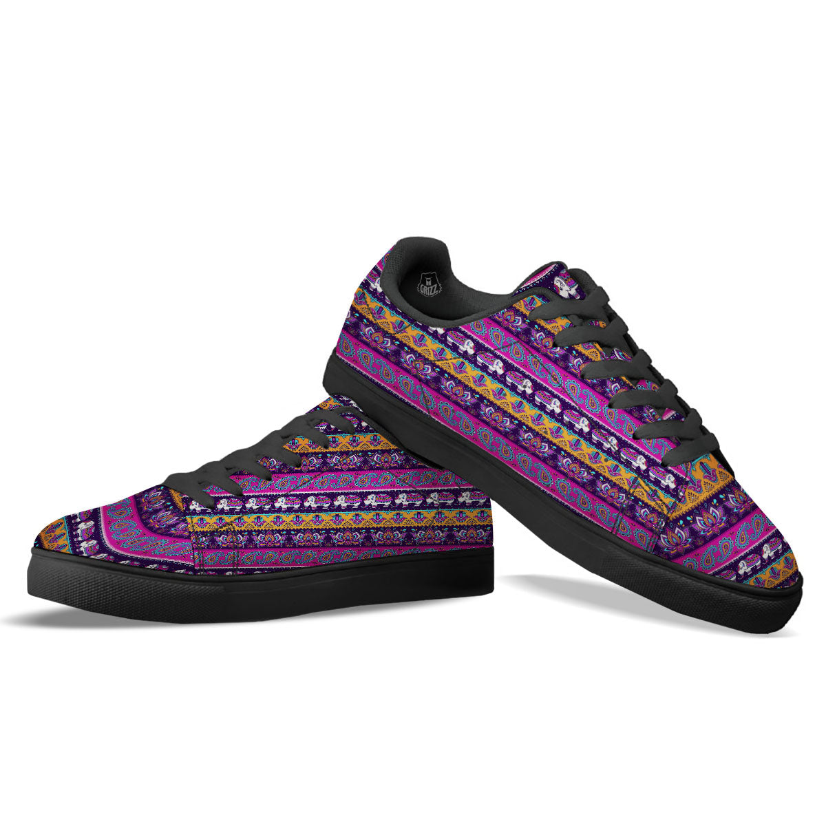 Paisley Elephant Hamsa Print Pattern Black Low Top Sneakers-grizzshop