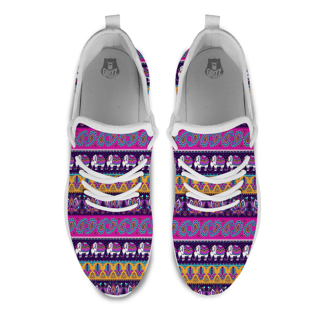 Paisley Elephant Hamsa Print Pattern White Athletic Shoes-grizzshop