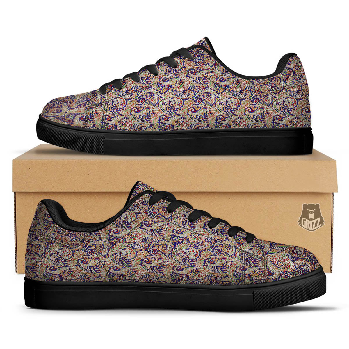 Paisley Indian Colorful Print Pattern Black Low Top Sneakers-grizzshop