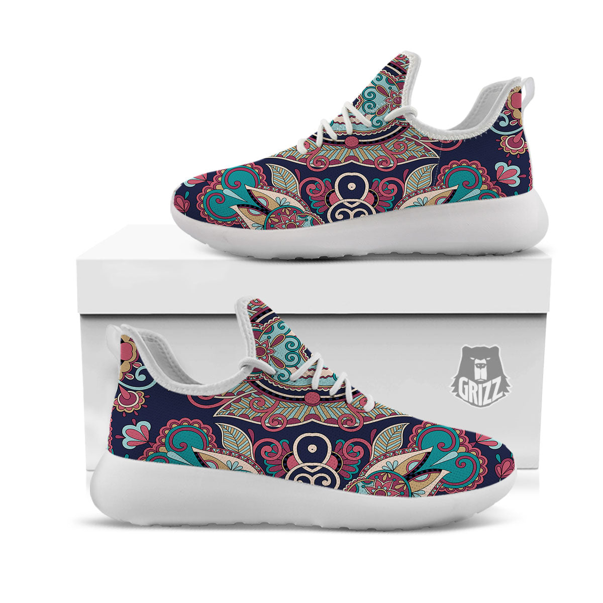 Paisley Mandala Ornamental Print White Athletic Shoes-grizzshop