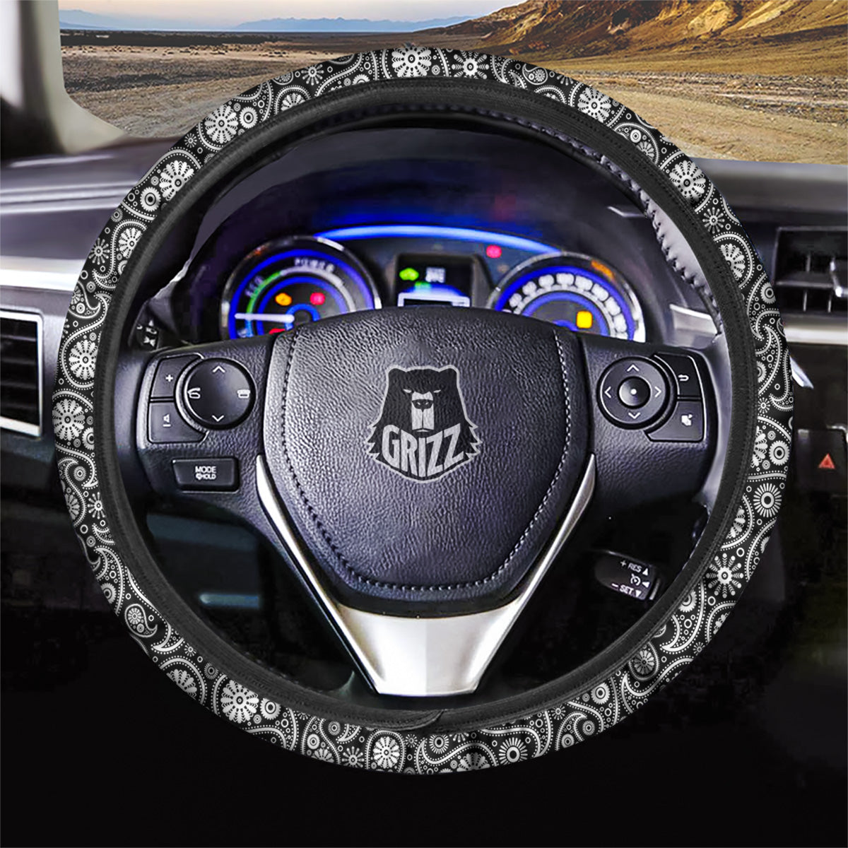 Paisley Ornament Black White And Flora Print Pattern Car Steering Wheel Cover-grizzshop