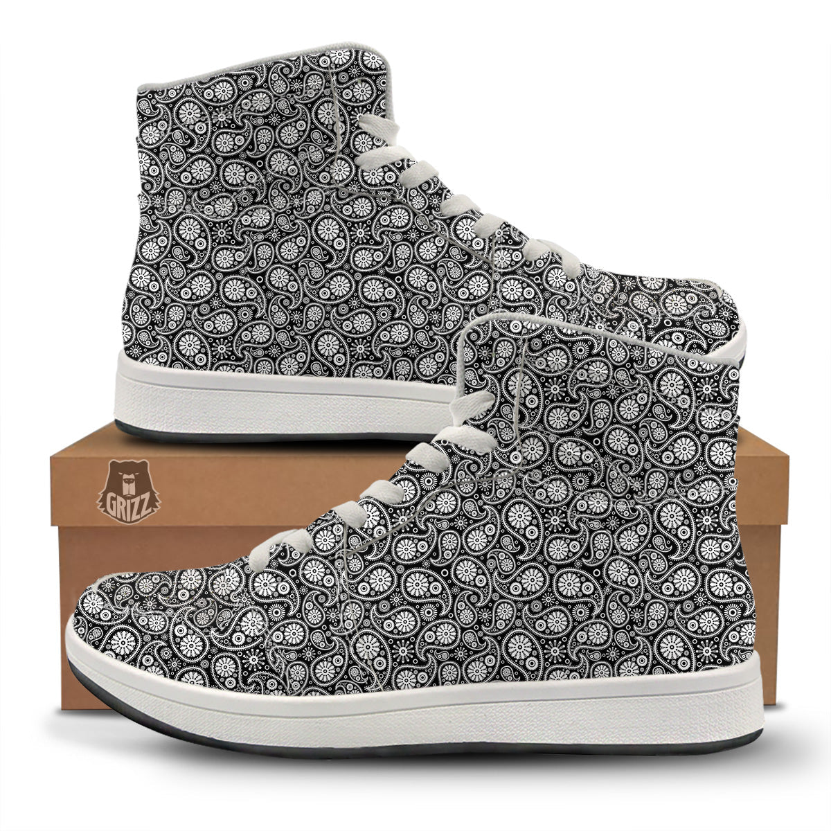 Paisley Ornament Black White And Flora Print Pattern High Top Sneakers-grizzshop
