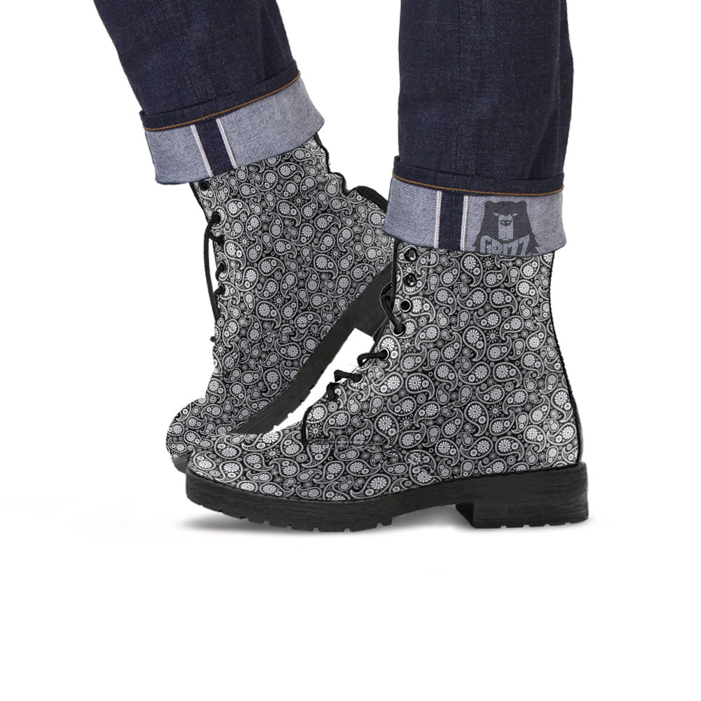 Paisley Ornament Black White And Flora Print Pattern Leather Boots-grizzshop