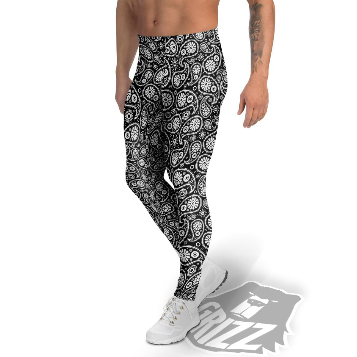 Paisley Ornament Black White And Flora Print Pattern Men's Leggings-grizzshop