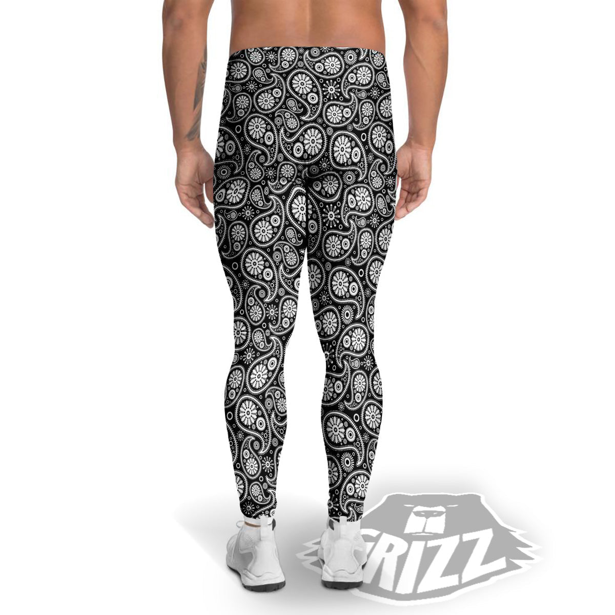 Paisley Ornament Black White And Flora Print Pattern Men's Leggings-grizzshop