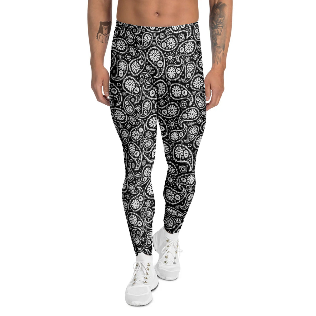 Paisley Ornament Black White And Flora Print Pattern Men's Leggings-grizzshop