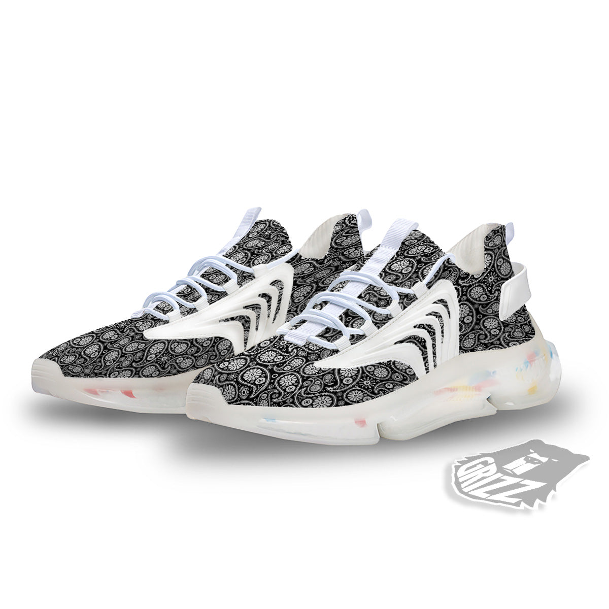 Paisley Ornament Black White And Flora Print Pattern White Gym Shoes-grizzshop